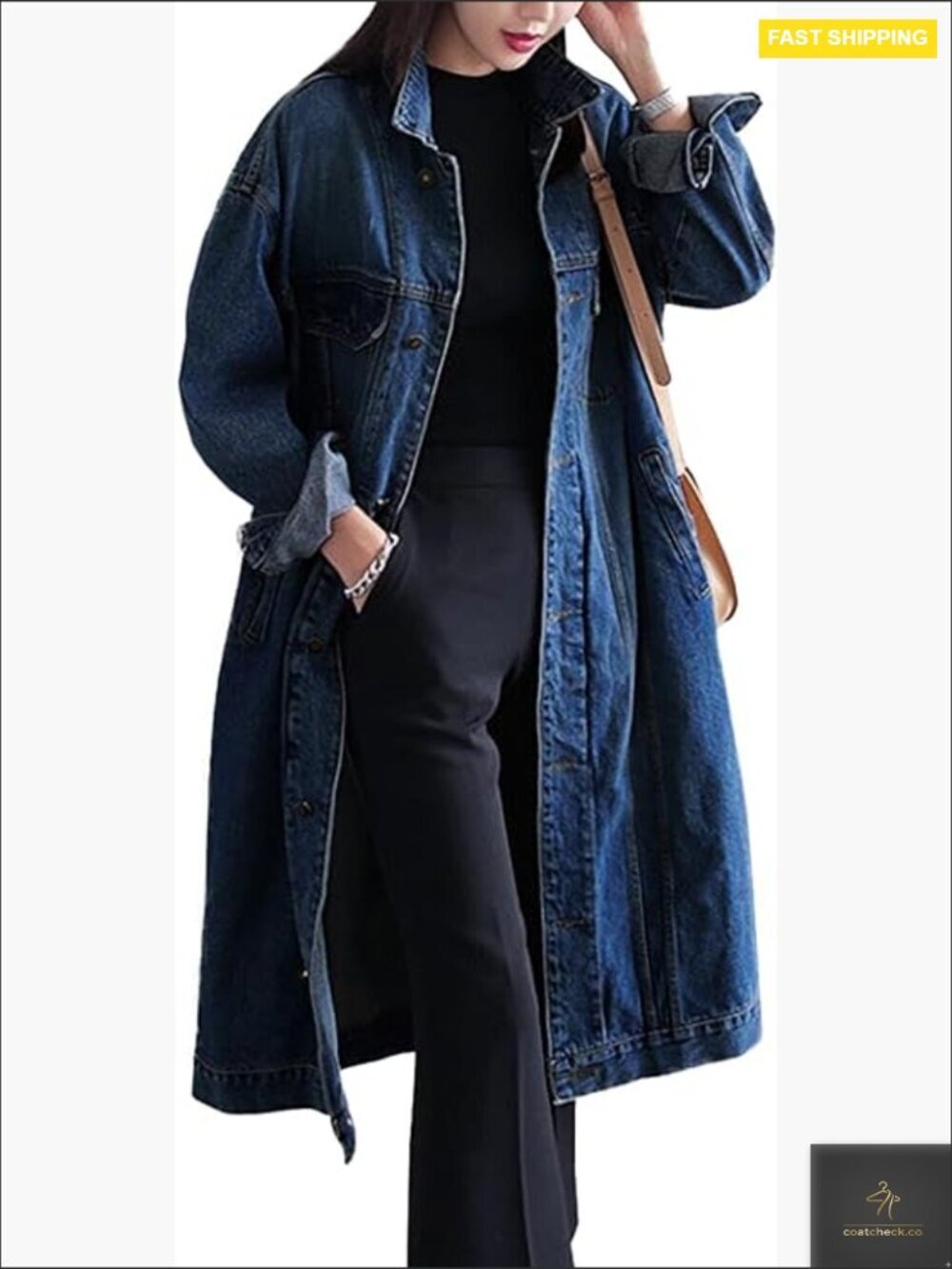 Oversized Long Denim Jacket Button Front Trench Coat Classic Y2K Retro